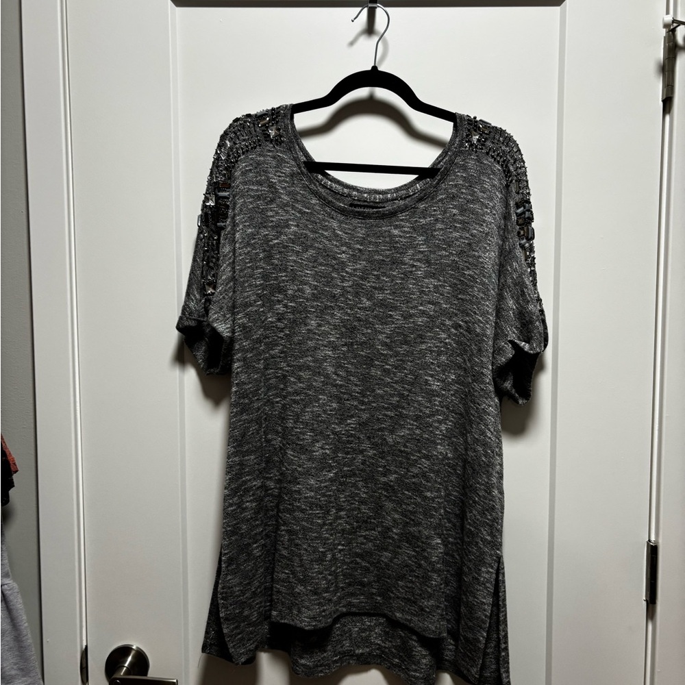 Lane Bryant Gray Short Sleeve Knit Tunic with Beaded Shoulders